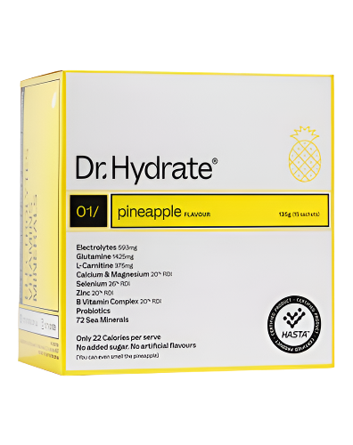 Box of Dr. Hydrate hydration drink mix sachets in pineapple flavor, with various ingredients listed and a Calorie count