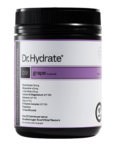 Dr Hydrate electrolyte hydration powder jar 273g designed to support energy and performance grape flavour 