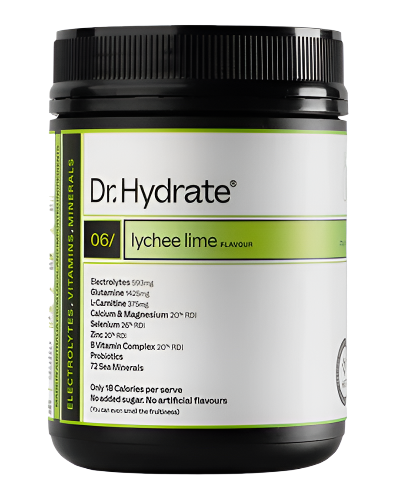 Dr Hydrate electrolyte hydration powder jar 273g designed to support energy and performance lychee lime flavour