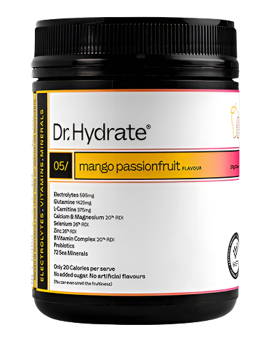 Dr Hydrate electrolyte hydration powder jar 273g designed to support energy and performance mango passionfruit flavour
