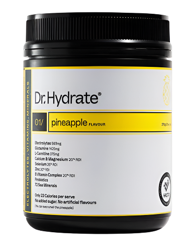 Dr Hydrate electrolyte hydration powder jar 273g designed to support energy and performance pineapple flavour
