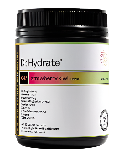 Dr Hydrate electrolyte hydration powder jar 273g designed to support energy and performance strawberry kiwi flavour