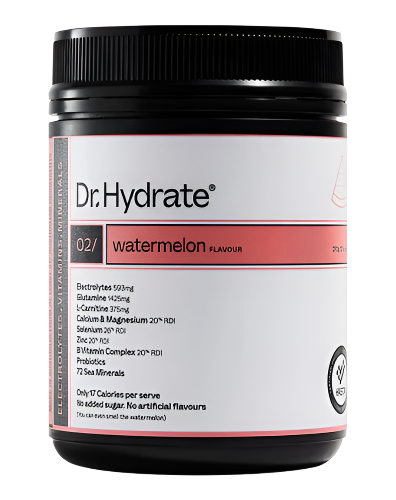 Dr Hydrate electrolyte hydration powder jar 273g designed to support energy and performance watermelon flavour 