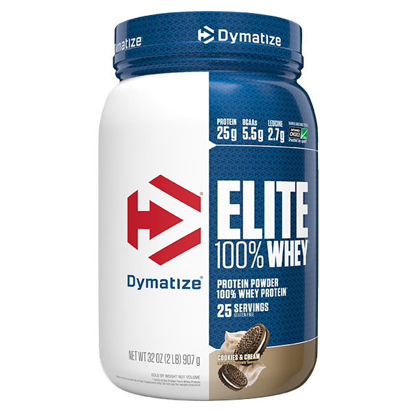 Front view of Dymatize Elite 100 Whey protein powder 2lb tub in Cookies and Cream flavour