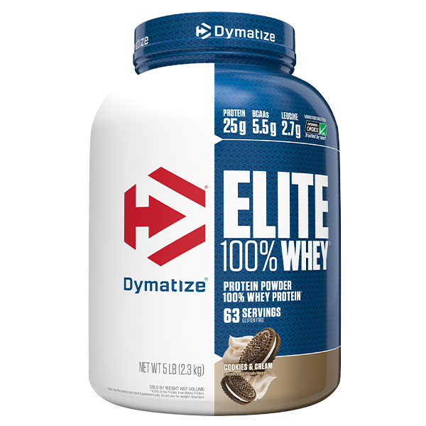 Front view of Dymatize Elite 100 Whey protein powder 5lb tub in Cookies and Cream flavour