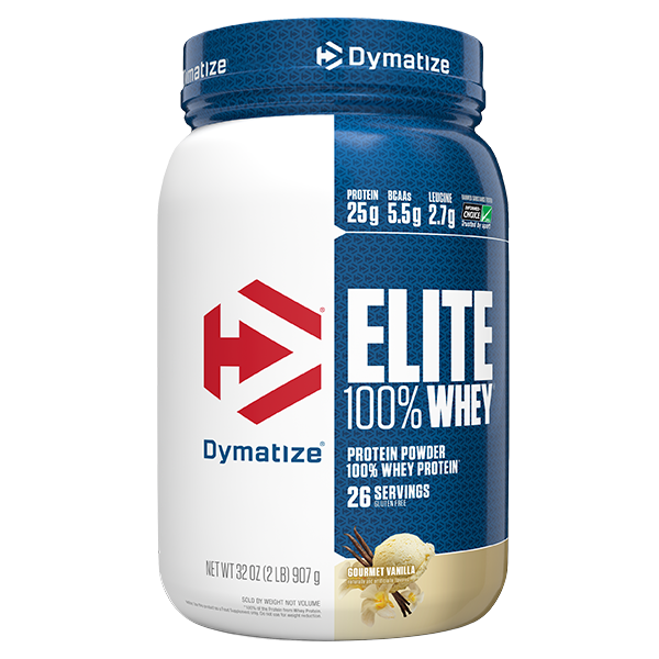 Front view of Dymatize Elite 100 Whey protein powder 2lb tub in Gourmet Vanilla flavour