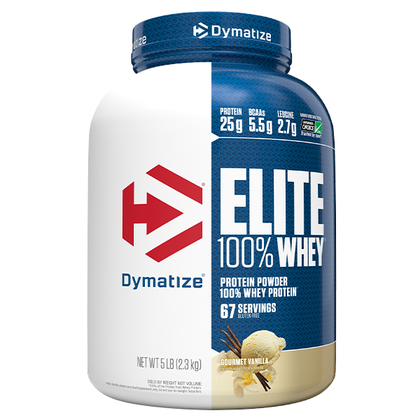 Front view of Dymatize Elite 100 Whey protein powder 5lb tub in Gourmet Vanilla flavour