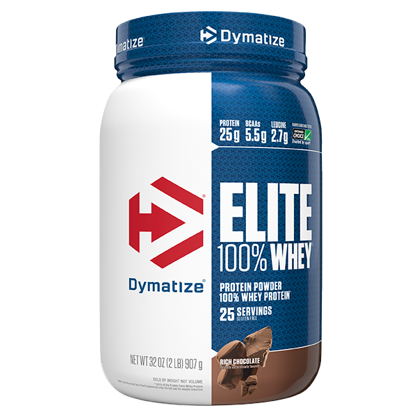 Front view of Dymatize Elite 100 Whey protein powder 2lb tub in Rich Chocolate flavour