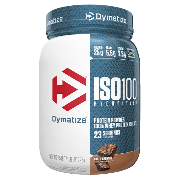 Front view of Dymatize ISO100 Hydrolyzed protein powder in Fudge Brownie flavour 1.6lb tub