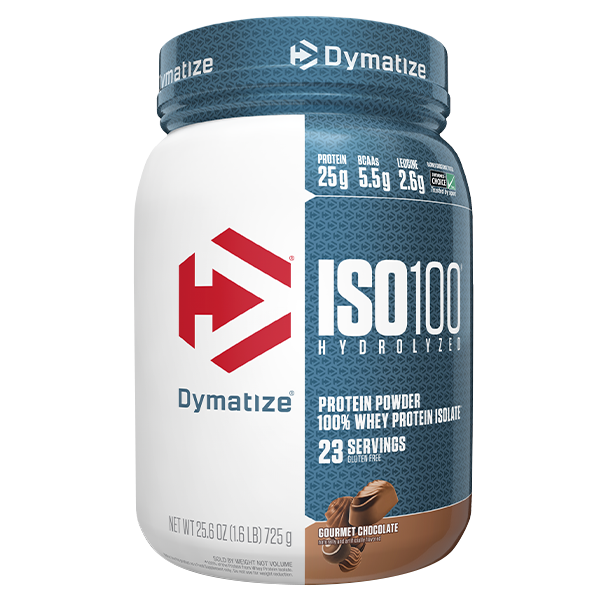 Front view of Dymatize ISO100 Hydrolyzed protein powder in Gourmet Chocolate flavour 1.6lb tub