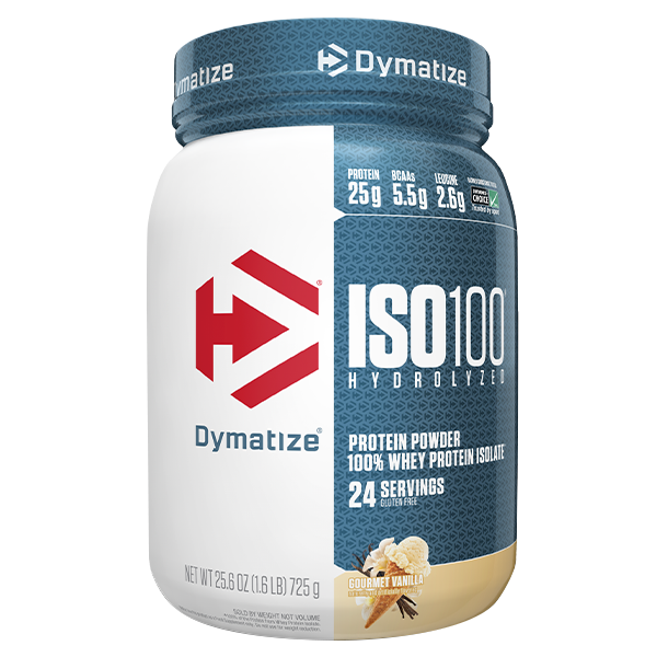 Front view of Dymatize ISO100 Hydrolyzed protein powder in Gourmet Vanilla flavour 1.6lb tub