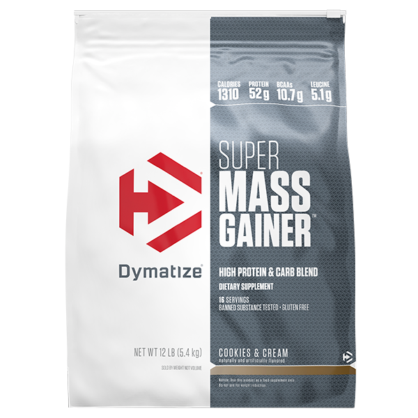 Front of Dymatize Super Mass Gainer 12lb bag in Cookies and Cream flavour