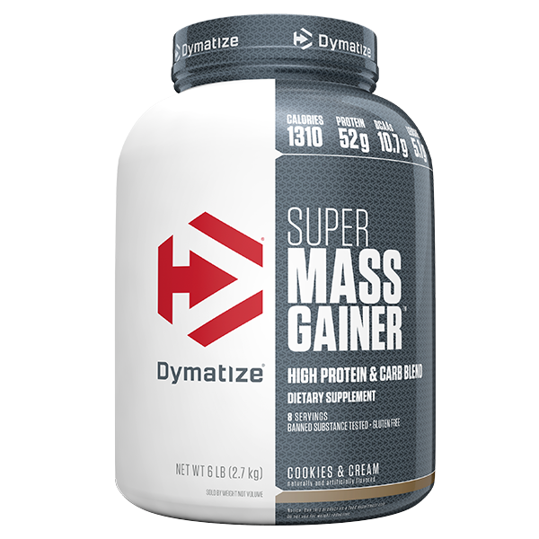 Front of Dymatize Super Mass Gainer 6lb tub in Cookies and Cream flavour