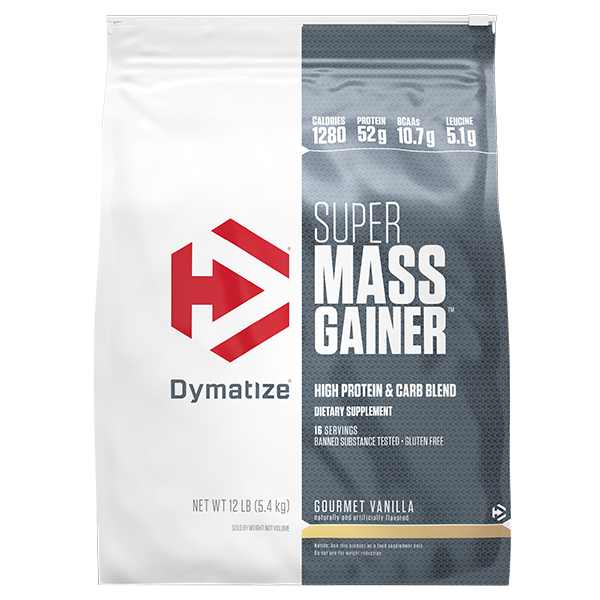 Front of Dymatize Super Mass Gainer 12lb bag in Gourmet Vanilla flavour