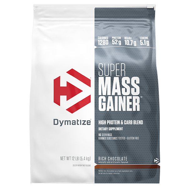 Front of Dymatize Super Mass Gainer 12lb bag in Rich Chocolate flavour