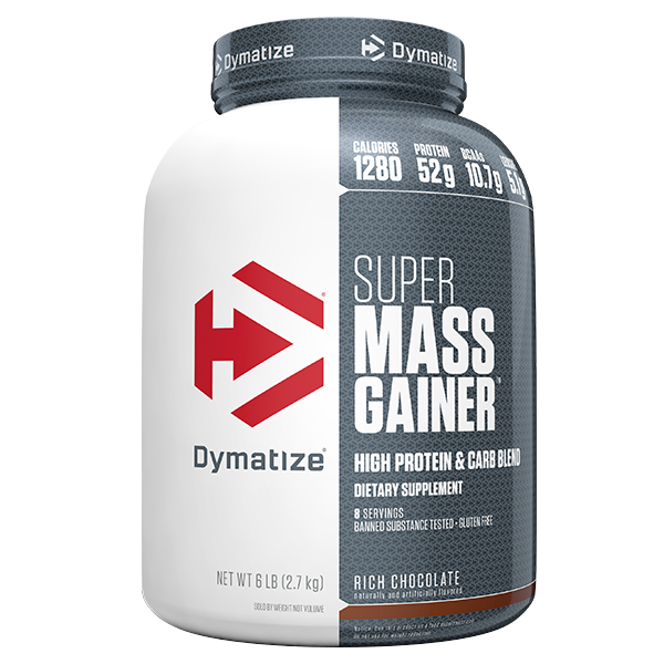 Front of Dymatize Super Mass Gainer 6lb tub in Rich Chocolate flavour