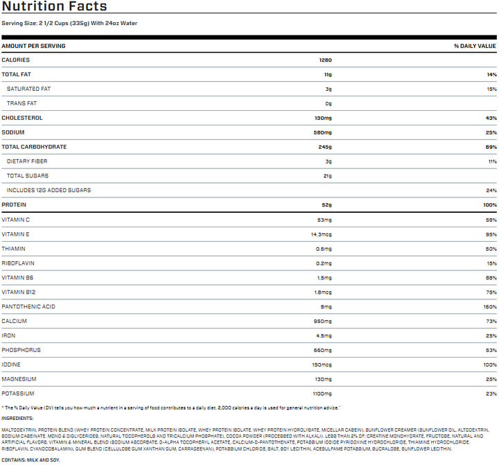 Nutrition facts panel for Dymatize Super Mass Gainer protein and carb blend