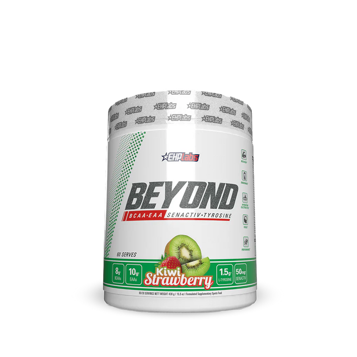 EHP Labs Beyond BCAA and EAA Pineapple flavour tub featuring white label and green Kiwi Strawberry design on front