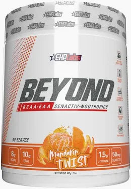 EHP Labs Beyond BCAA and EAA Pineapple flavour tub featuring white label and orange mandarin design on front