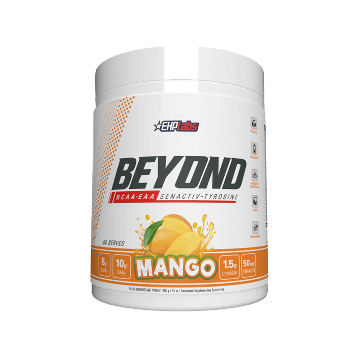 EHP Labs Beyond BCAA and EAA Pineapple flavour tub featuring white label and yellow mango design on front
