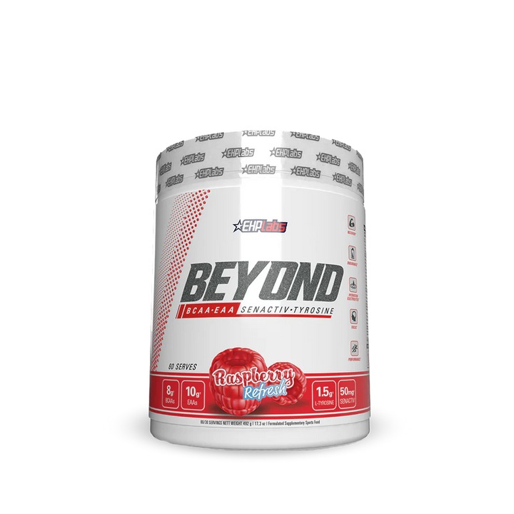EHP Labs Beyond BCAA and EAA Pineapple flavour tub featuring white label and red Raspberry design on front