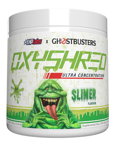 Container of OxyShred EHP Labs x GHOSTBUSTERS supplement powder with a character illustration on the label.