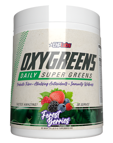 Container of OxyGreens Daily Super Greens powder with branding and forest berry flavor information.