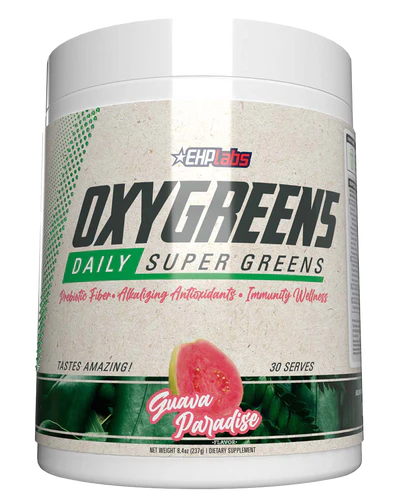 Container of OxyGreens Daily Super Greens powder with branding and flavor information.