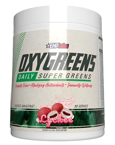 Container of OxyGreens Daily Super Greens powder with branding and flavor information.