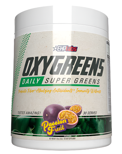 Container of OxyGreens Daily Super Greens powder with branding and flavor information.