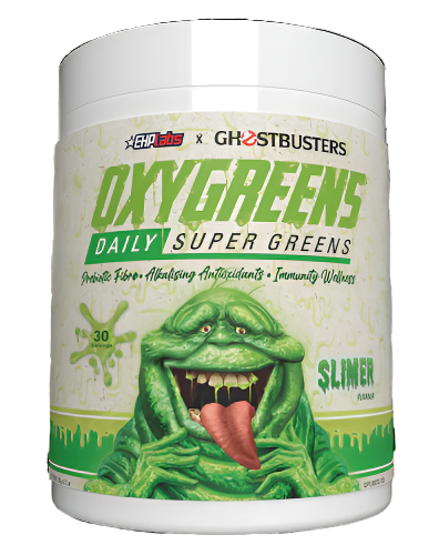 Container of OxyGreens Daily Super Greens powder with branding and flavor information.