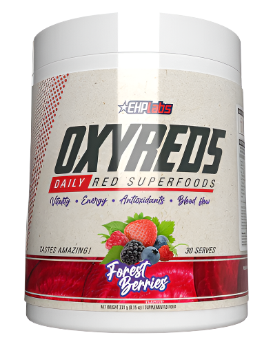 A container of Oxyred daily red superfoods powder with a forest berries flavor, featuring images of red fruits and berries on the label.