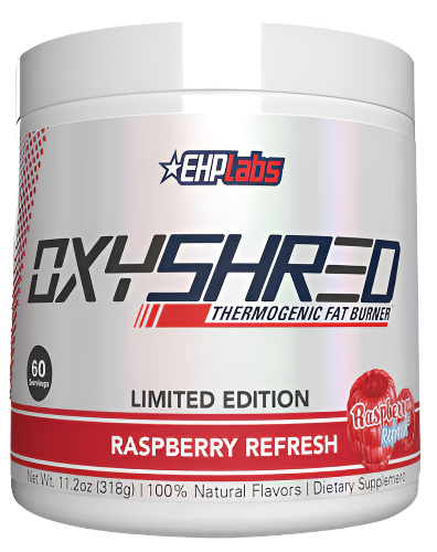 A container of OxyShred by EHP Labs, a thermogenic fat burner in raspberry refresh flavor, dietary supplement.