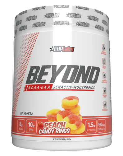 EHP Labs Beyond BCAA and EAA Pineapple flavour tub featuring white label and yellow Peach rings design on front