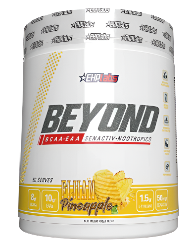 EHP Labs Beyond BCAA and EAA Pineapple flavour tub featuring white label and yellow pineapple design on front