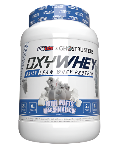 EHP Labs Ghostbusters OxyWhey Daily Lean Whey Protein tub featuring Mini Puffs Marshmallow variant on white background