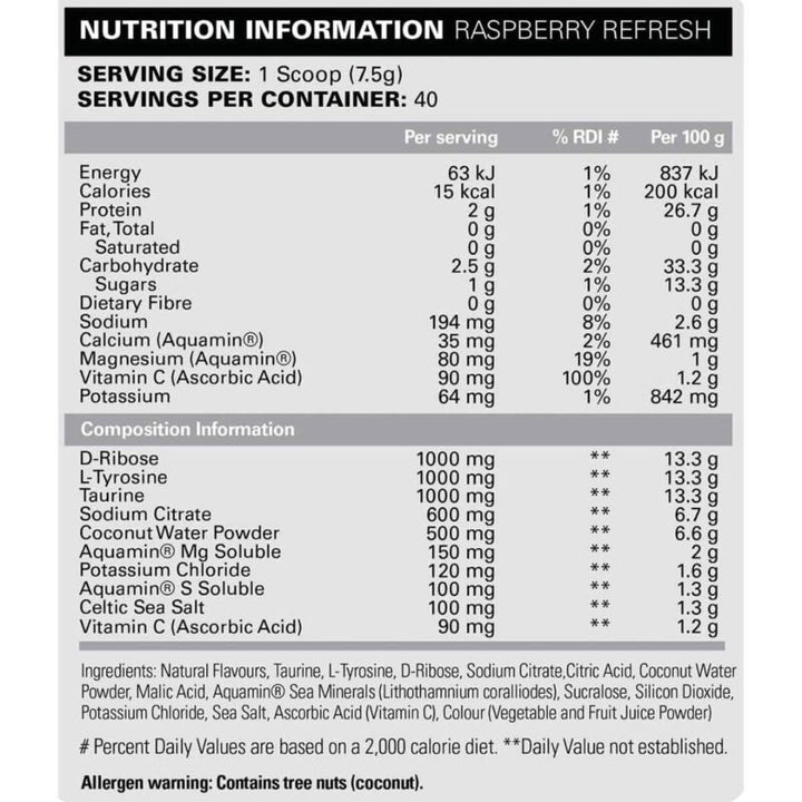 Nutrition information for EHP Labs Hydreau RTD showing electrolyte content and Aquamin sea minerals composition per 500mL serve