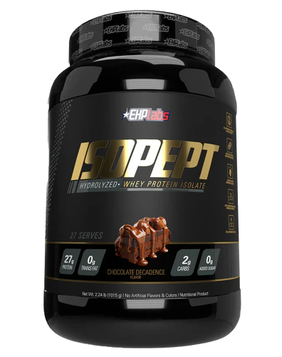 A container of Isopept whey protein powder by EHP Labs, with a picture of chocolate brownies on the front, indicating the flavor.