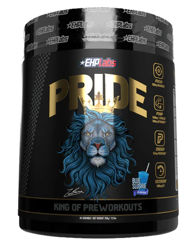 Container of Pride pre-workout supplement by EHP Labs featuring a lion graphic and the text 'KING OF PREWORKOUTS'.