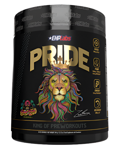 Container of Pride pre-workout supplement by EHP Labs featuring a rainbow lion graphic and the text 'KING OF PREWORKOUTS'.