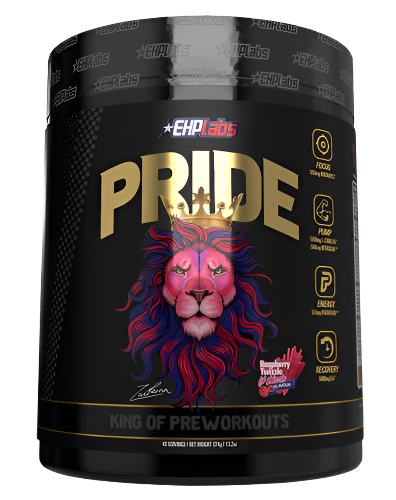 Container of Pride pre-workout supplement by EHP Labs featuring a pink lion graphic and the text 'KING OF PREWORKOUTS'.