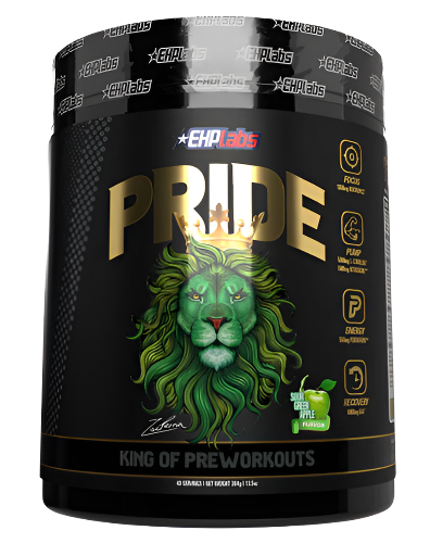 Container of Pride pre-workout supplement by EHP Labs featuring a green lion graphic and the text 'KING OF PREWORKOUTS'.