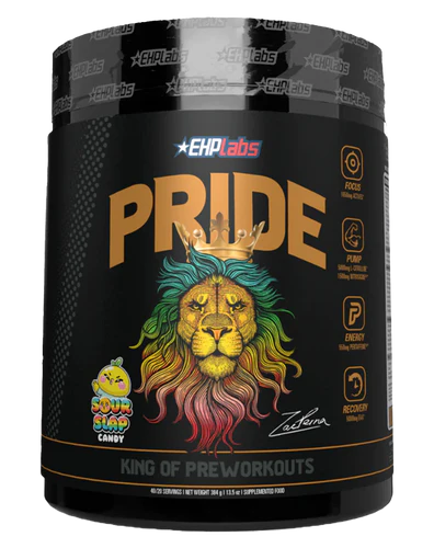 Supplement container labeled 'Pride' with a colorful lion graphic on a black tub.