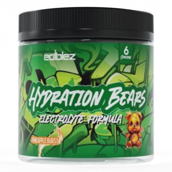 Green jar of Ediblez Hydration Bears 6 servings showing bold white lettering on the label with a small illustrated bear and pineapple burst detail.