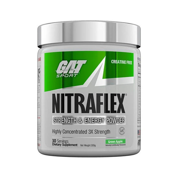 GAT Sport Nitraflex pre-workout green apple tub, creatine-free strength and energy powder supporting focus, endurance, and muscle pumps