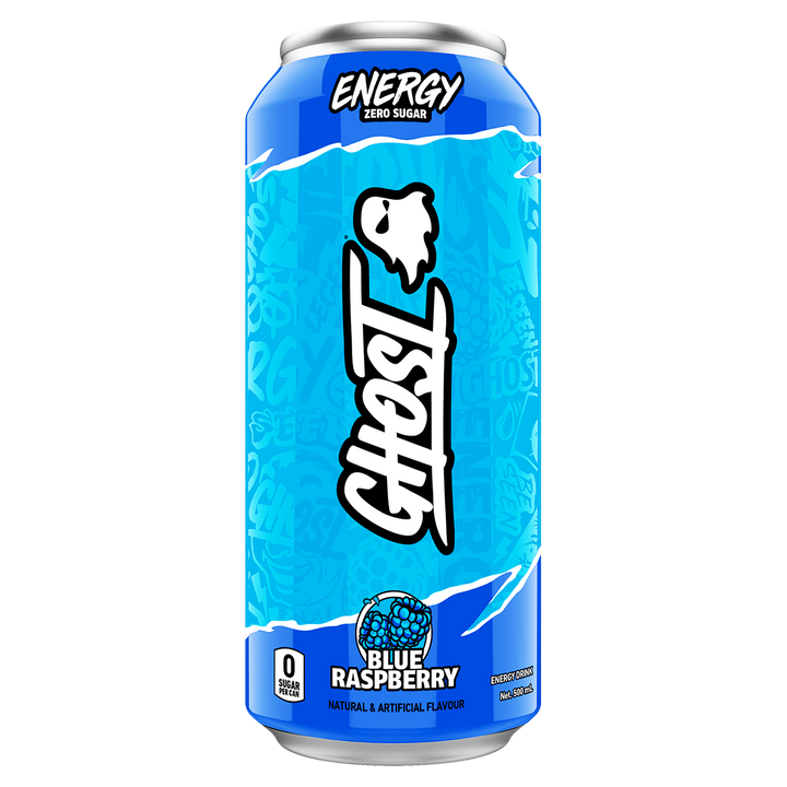 GHOST Energy RTD Blue Raspberry 500mL blue can with bold ghost logo and zero sugar label