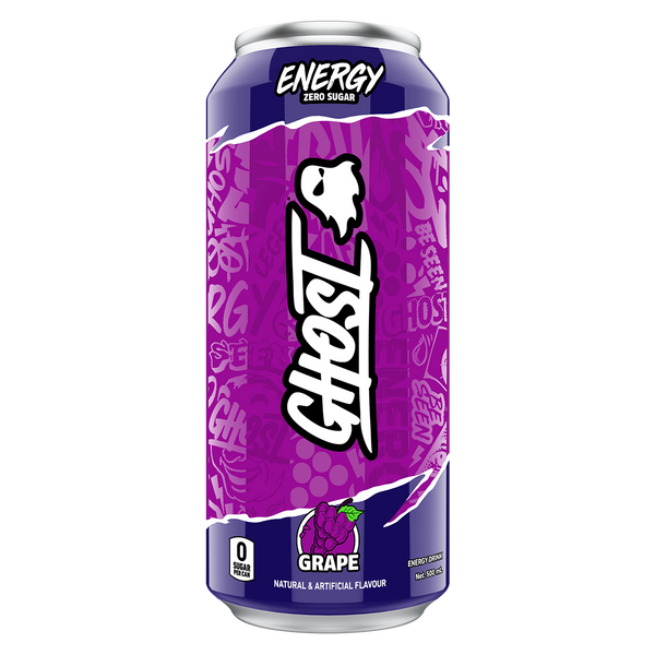 GHOST Energy RTD Grape 500mL purple can with white ghost logo and zero sugar label
