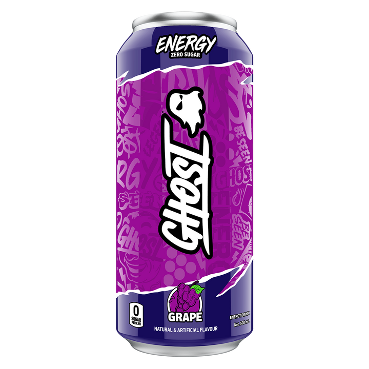 GHOST Energy RTD Grape 500mL purple can with white ghost logo and zero sugar label