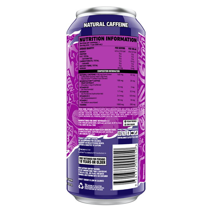 Back of GHOST Energy RTD Grape 500mL can showing ingredient list, nutrition information, and vitamin content panel