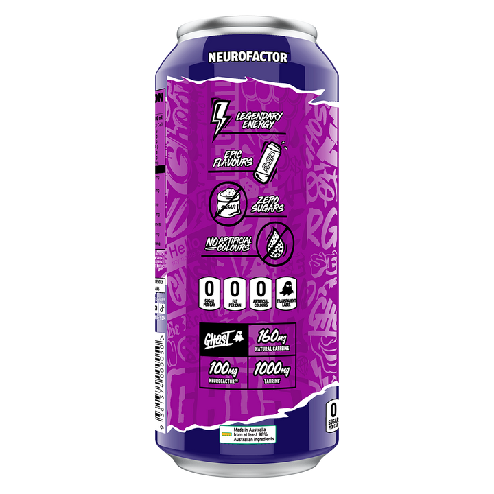Side of GHOST Energy RTD Grape 500mL can showing nutrition panel and caffeine content